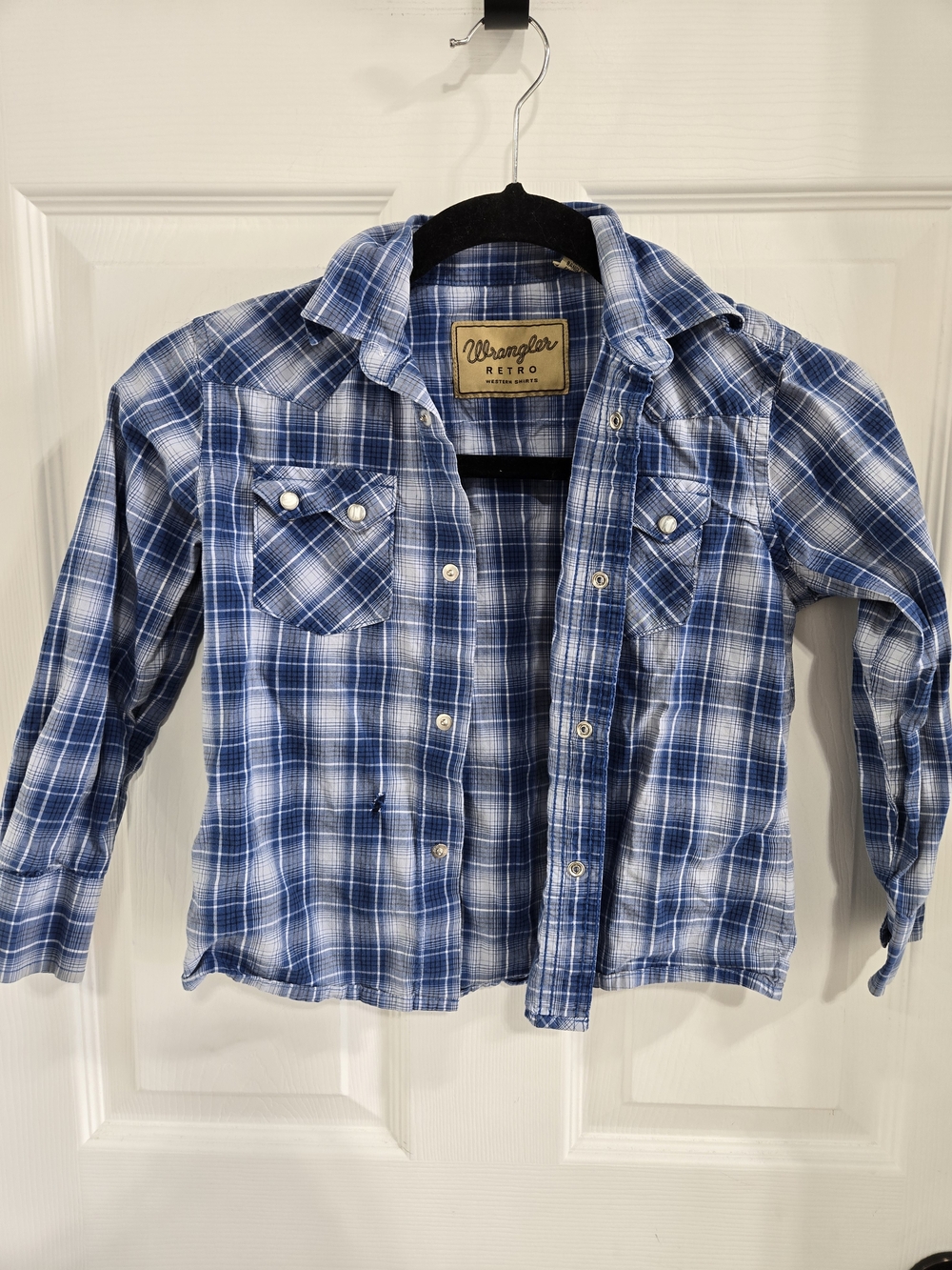 Boys Small Wrangler Blue and White Plaid Button-Down Shirt